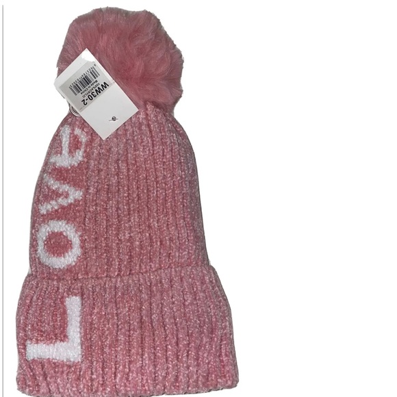 LOVE Pink Chenille Knit Winter Beanie Hat With Pom Pom NWT.. One Size - Picture 3 of 5
